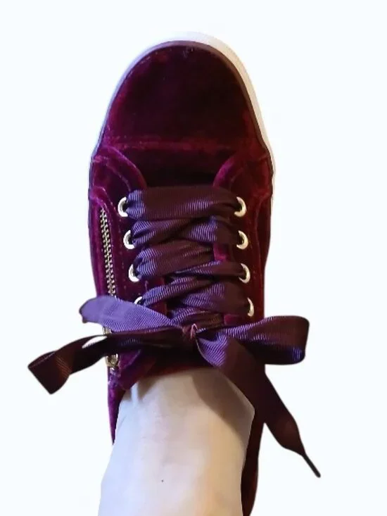 NOT RATED Red/Burgundy Velvet Gold Zipper Satin Lace Sneakers - Picture 2 of 16